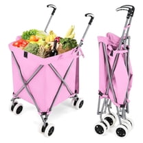 Folding Shopping Cart on Wheels, Waterproof Grocery Cart with Removable Cover and 360° Swiveling Wheels, Collapsible Utility Cart for Groceries and Laundry, 120LBS Load Capacity, Pink