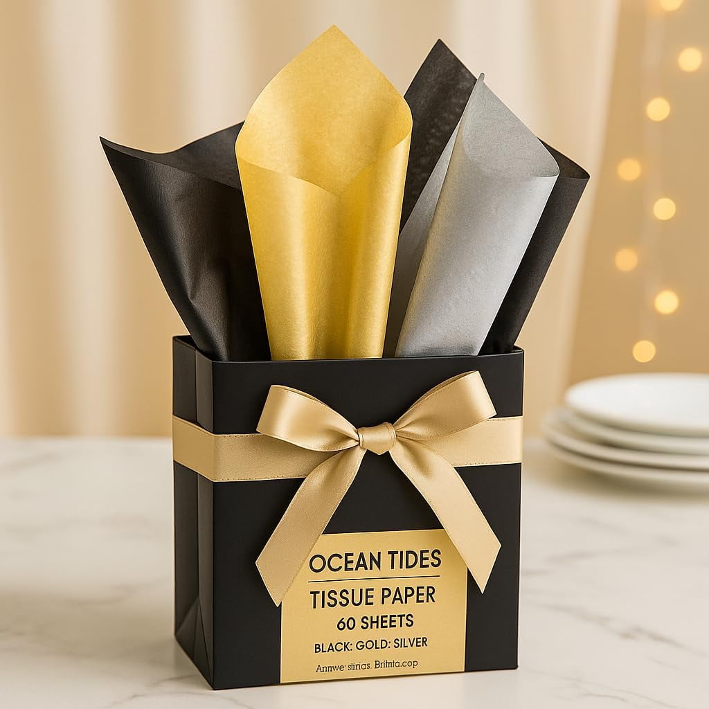 Gift Wrap Tissue Paper 60 Sheets Silver Gold Black 20x14 inches