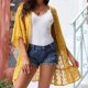 thumbnail image 2 of Jacquard Beach Cover Up Sheer Ruffle Hem Color puro Mangas 3/4 Cover Up para mujer Verano, 2 of 5
