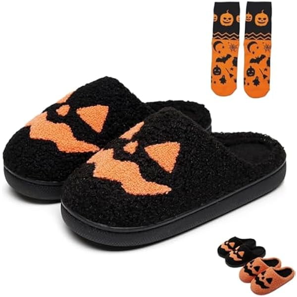 wonima44 Halloween Pumpkin Slippers - Cozy Sherpa Jack-o'-Lantern House Shoes Non-Slip Sole Spooky Cute Indoor Outdoor