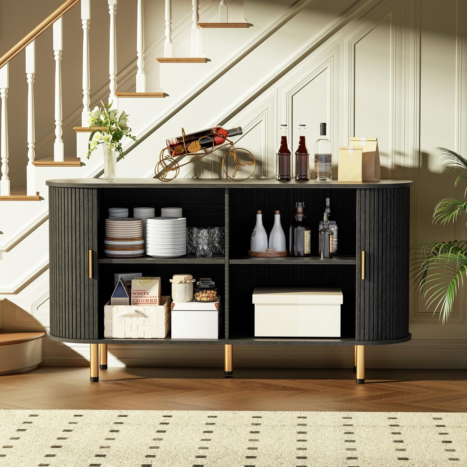Sideboard Buffet Cabinet with Storage, 55" Mid Century Modern Fluted Accent Coffee Bar Console Table with Tambour Sliding Doors & Adjustable Shelf for Kitchen, Living Room, Entryway (Black)