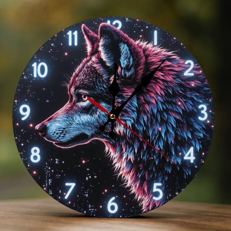 Wall Clock Decorative - Neon Blue Wolf Print 2D Vintage Wall Clocks Battery Operated Silent Non-Ticking for Bedroom, Living Room, Kitchen, Office, Classroom, 10 Inch