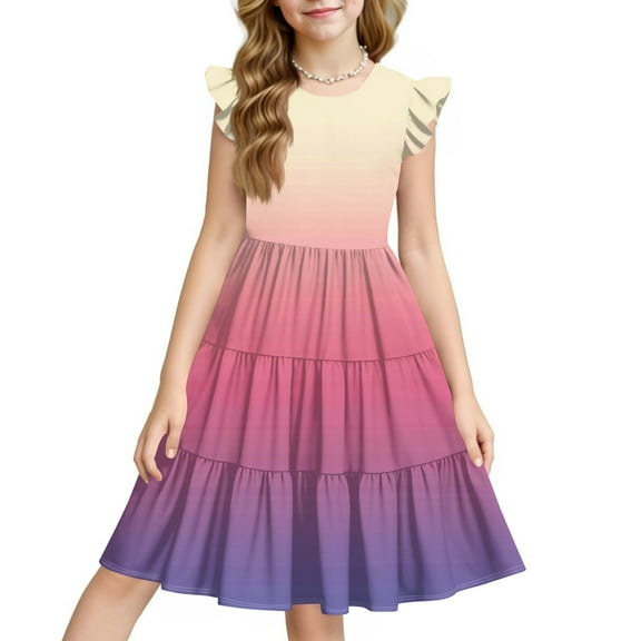 XADYUY Girls Ruffle Sleeve Dresses Twirly A-Line Ruffle Sleeve Midi Dress Gradient Casual Crew Neck Tiered Sundresses School for Kids Size 3-12 Years,Beige 4-5 Years