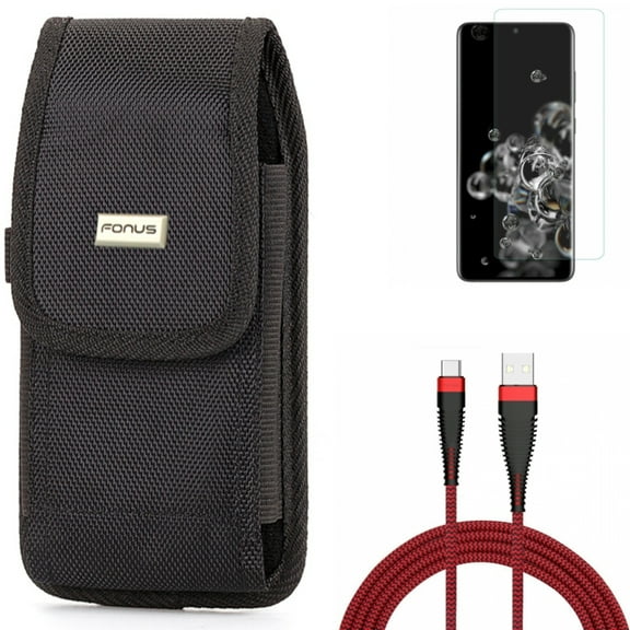 Case Belt Clip w Screen Protector w 10ft USB Cable for Samsung Galaxy S20 Ultra - Rugged Holster Canvas, Tempered Glass [Fingerprint Unlock] 3D Curved Edge, Type-C Charger Cord fits Galaxy S20 Ultra