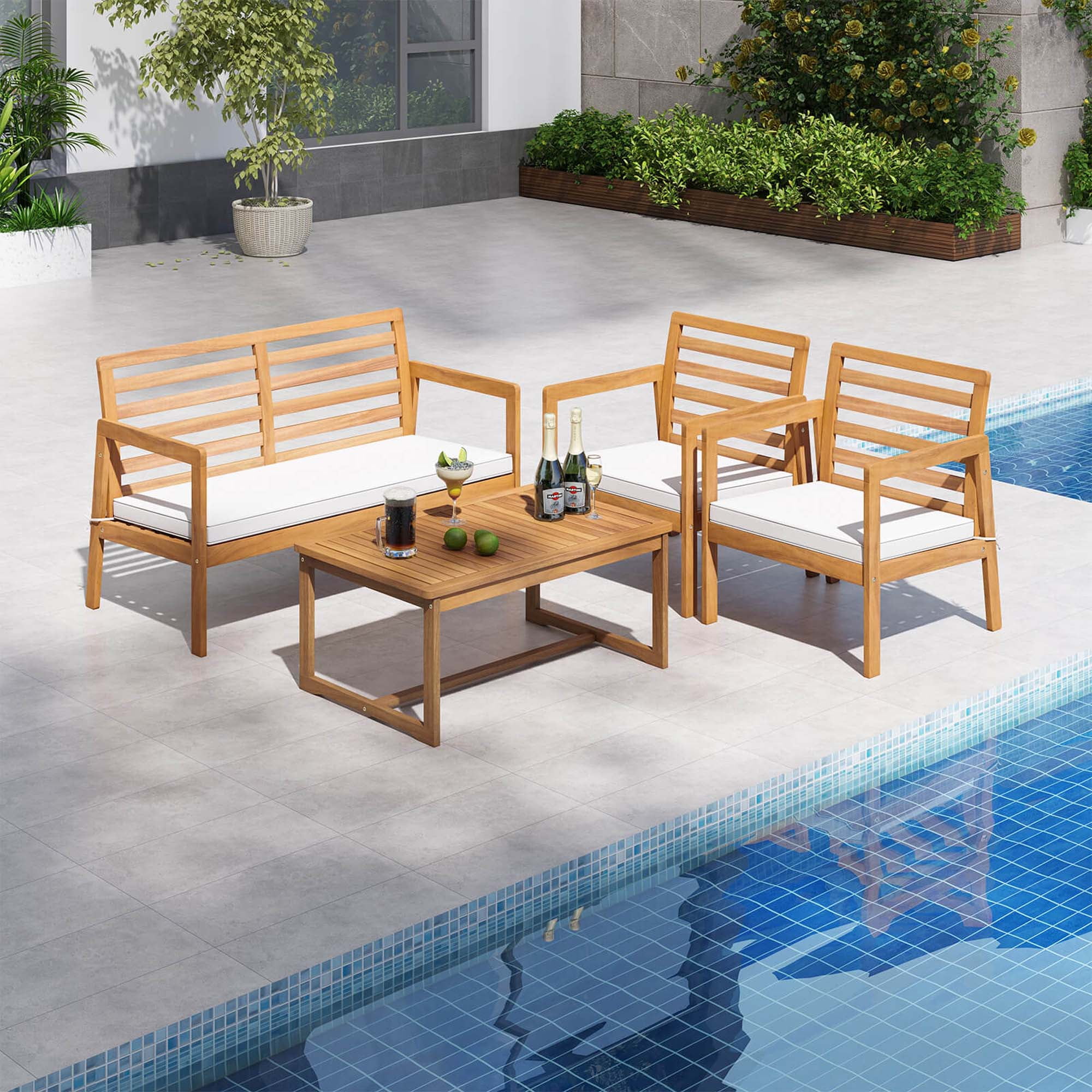 Costway 4 PCS Wood Patio Furniture Set with Soft Seat Cushions Solid Acacia Wood Frame