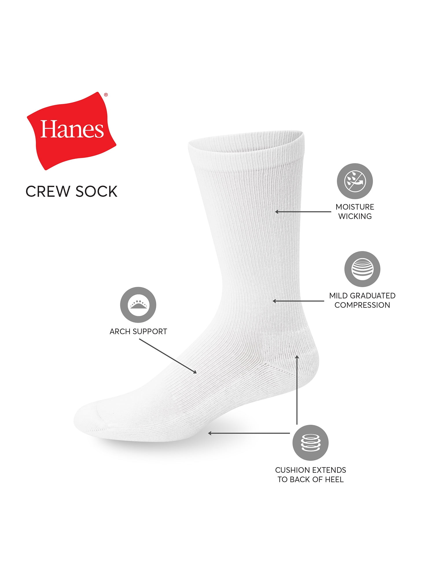 Hanes Men's Crew Socks, Compression, 6-Pack