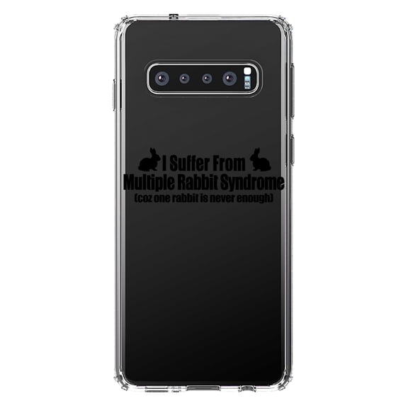 DistinctInk Clear Shockproof Hybrid Case for Samsung Galaxy S10 (6.1" Screen) - TPU Bumper Acrylic Back Tempered Glass Screen Protector - I Suffer From Multiple Rabbit Syndrome
