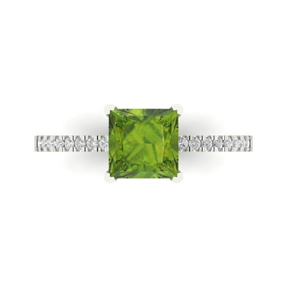 1.62 ct Princess Cut Natural Peridot Solitaire with Simulated Diamond Accents 14K White Gold Womens Engagement Ring