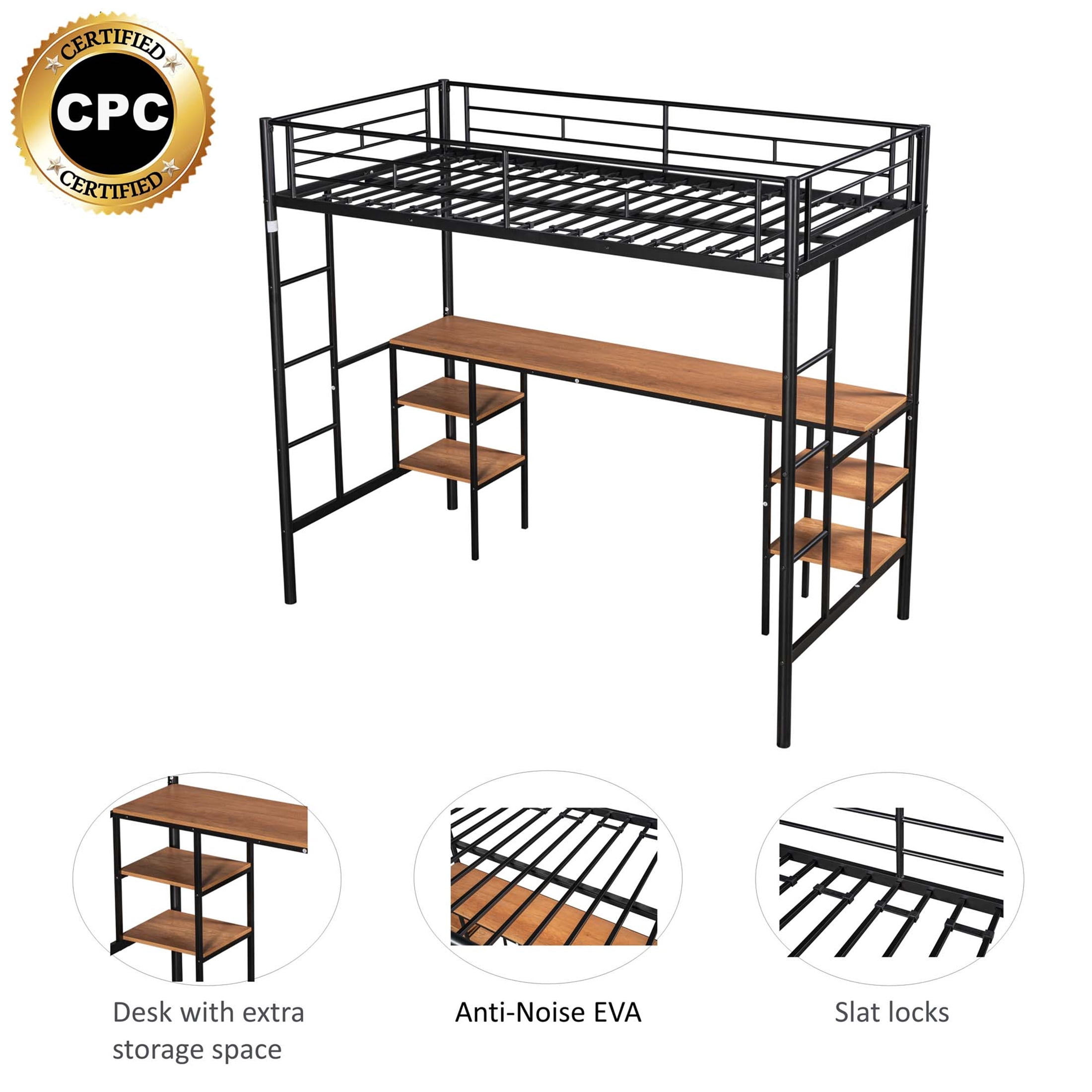 Aukfa Metal Twin Loft Bed with Desk and 4 Tier Bookshelf for Kids Teens Dorm Bedroom, Black