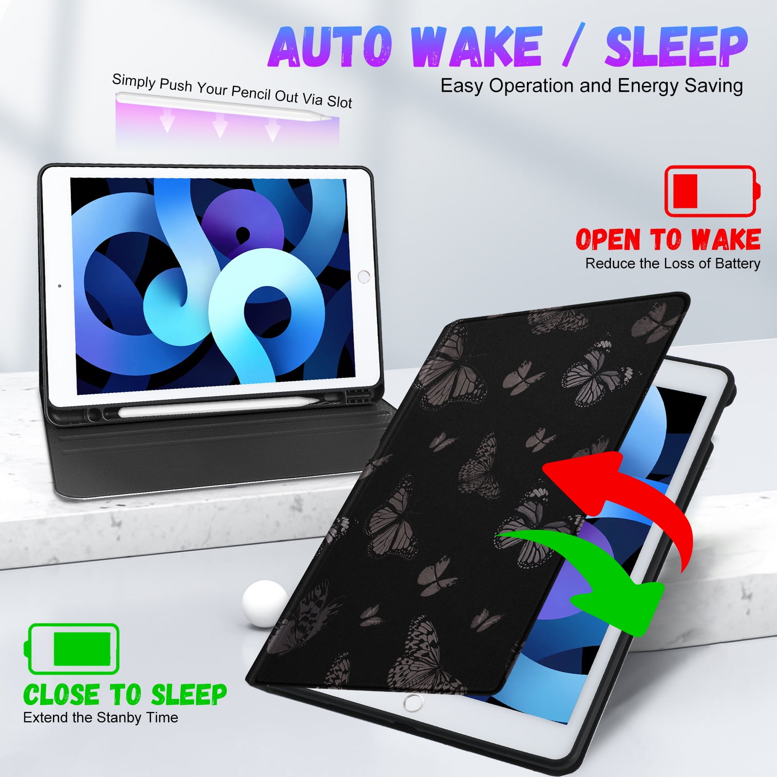 Gemfits Case for iPad 7/8/9 - Flexible Soft TPU Stand Back Cover with Pencil Holder, Auto Sleep/Wake, Black_Butterfly