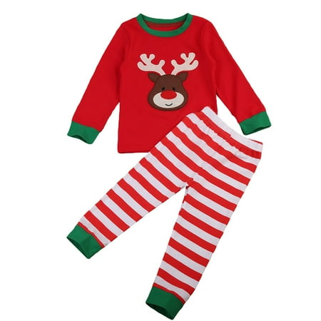

Baby Kids Christmas Pajama Long Sleeve Reindeer T-shirt With Stripes Pant Sleepwear 1-2 Year