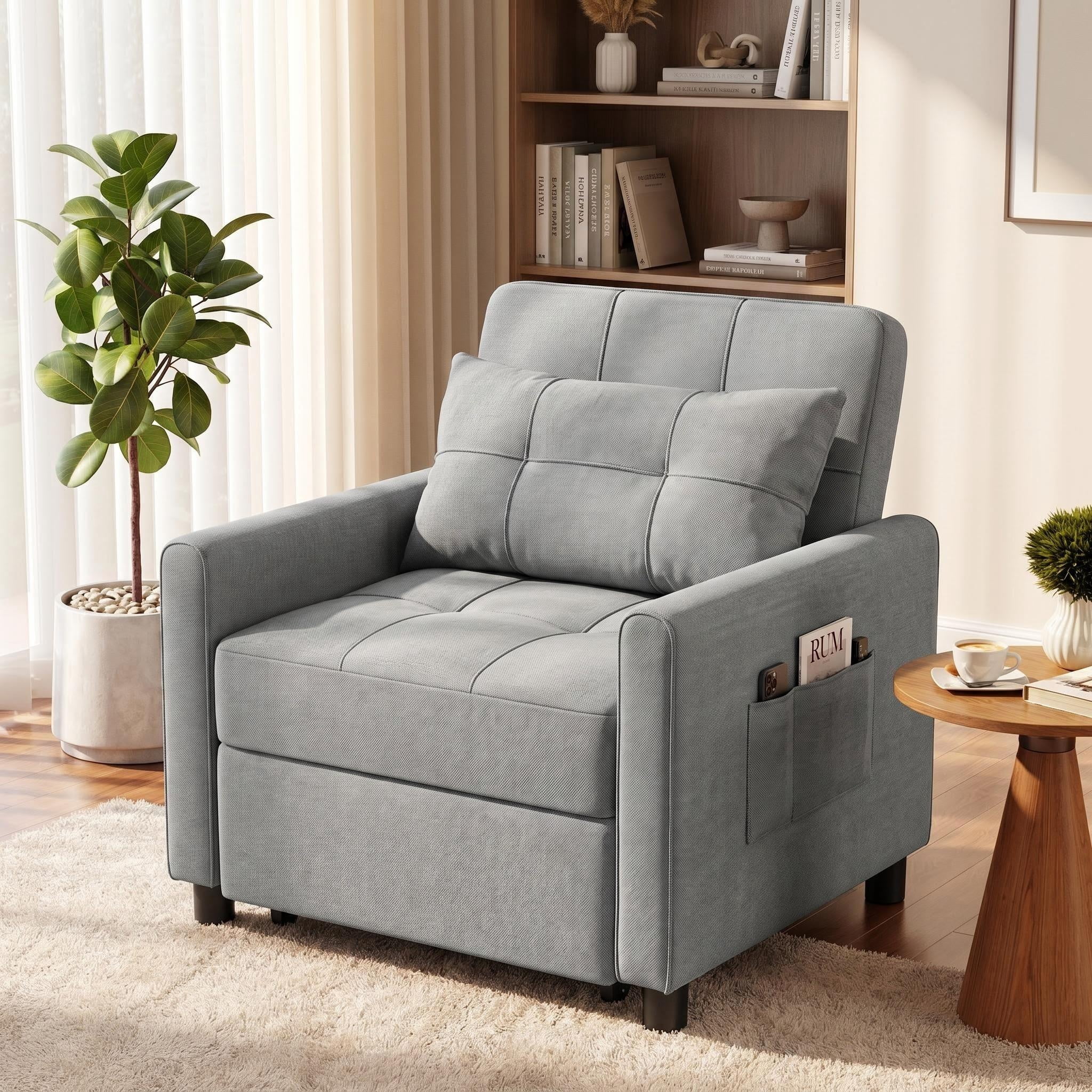 Sleeper chair Bed, Lofka Convertible Futon Sofa Bed with Pull Out Couch and Adjustable Backrest for Living Room, Light Gray