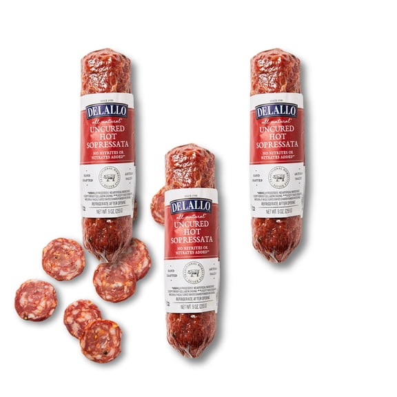 DeLallo Hot Sopressata, Air-Dried Italian Sausage, 9 oz Stick, (3 Pack)