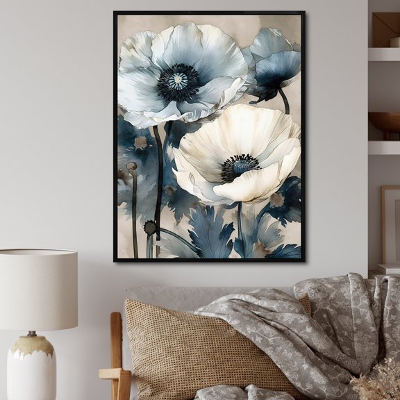 Designart "Serenade With A Blue And White Poppy Bouquet" Poppy Floater Framed Canvas Prints
