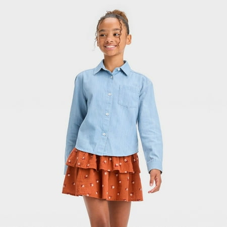Girls  Long Sleeve Button-Down Woven Top - Cat & Jack‚ Light Wash S (6)