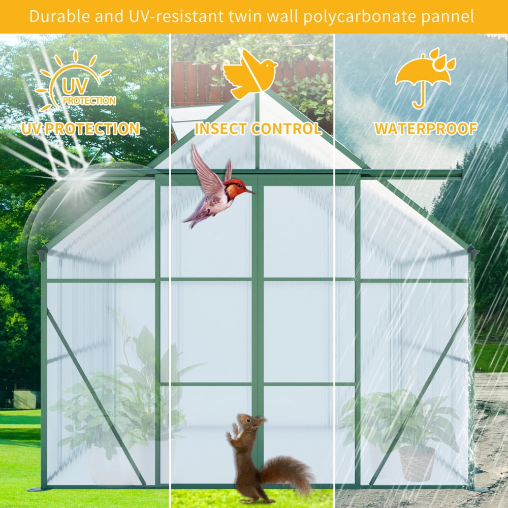 8x6 FT Green Polycarbonate Greenhouse, Double Door Walk-In Design with Anchored Base for All-Season Use