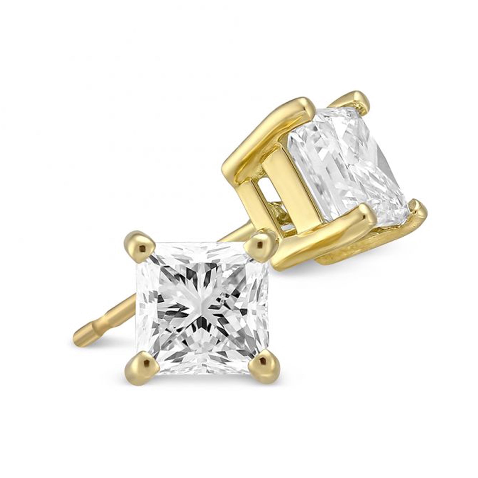 14k Yellow Gold 1/4Ct Solitaire Princess Created White Diamond (G-H, I1) Stud Earrings Plated by Paris Jewelry