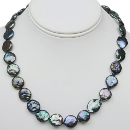 14-15mm Black Cultured Freshwater Pearl Sterling Silver Necklace 18"