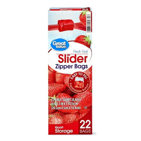 Great Value Fresh Seal Slider Zipper Quart Storage Bags, 22 Count