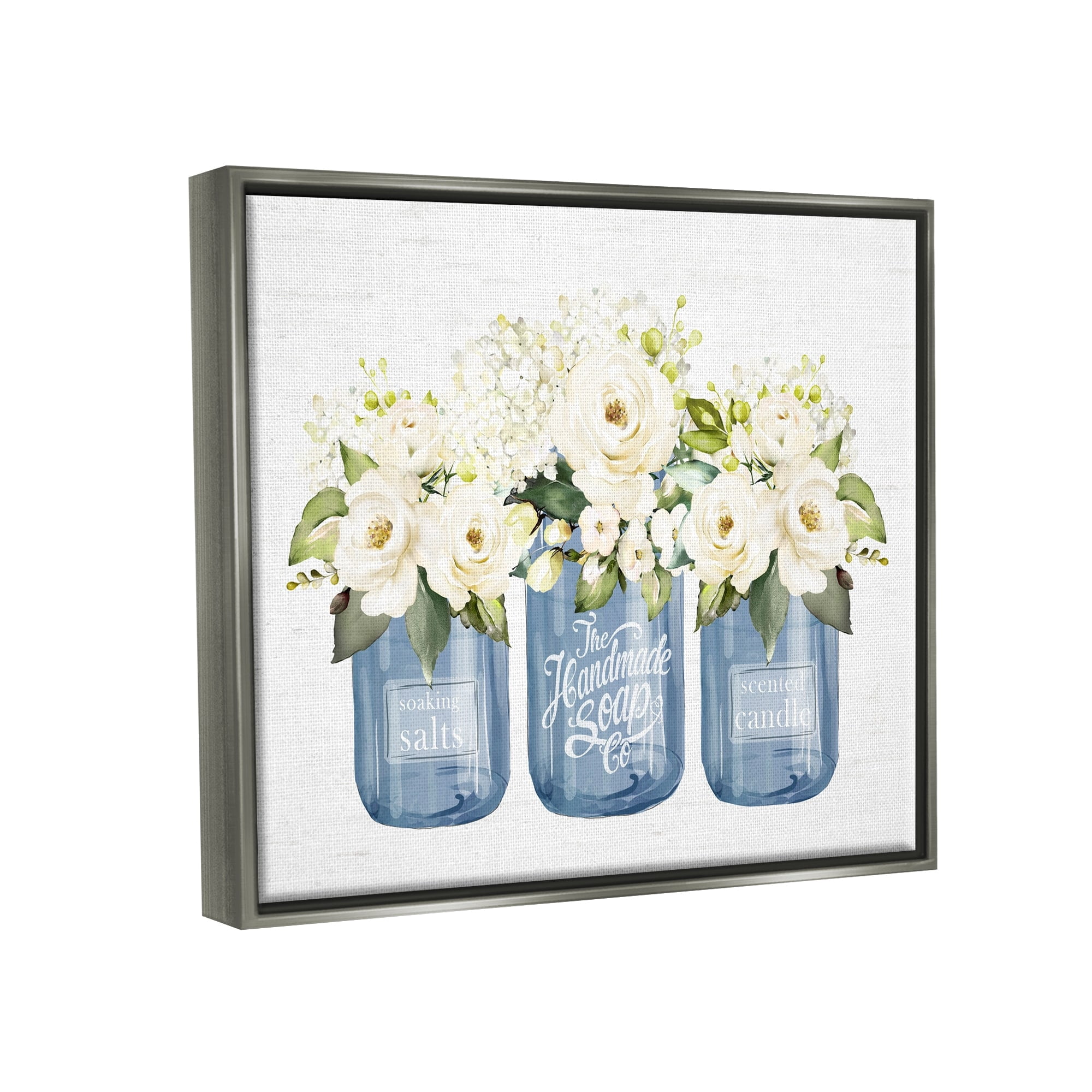 Stupell Industries White Rose Flower Bouquets Blue Farmhouse Jars Graphic Art Luster Gray Floating Framed Canvas Print Wall Art, Design by Lettered and Lined
