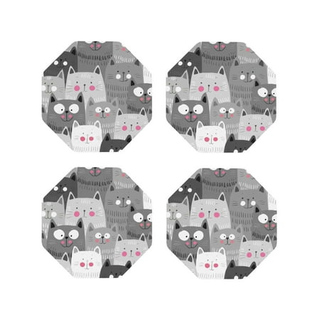

Fuzoiu Cats Group Print Leather Coasters Set Drink Coasters Set of 4 for Tabletop Protection Durable PVC Coasters Home Décor and Housewarming Gift-Octagon