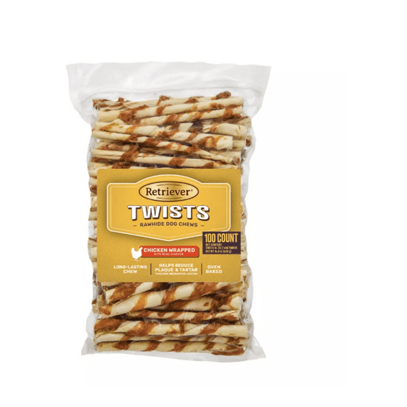 Retriever Chicken-Wrapped Rawhide Twists Dog Chew Treats, 100 ct.