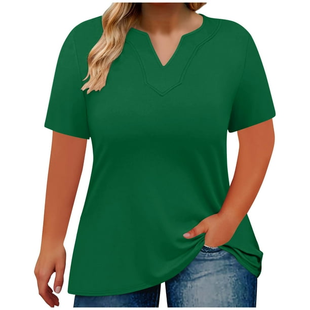 Camisetas Casuales de Mujer Cuello en V Color Sólido Camiseta de Gran Tamaño Poliéster Ligero, Blusa Suelta para Verano Primavera Diaria