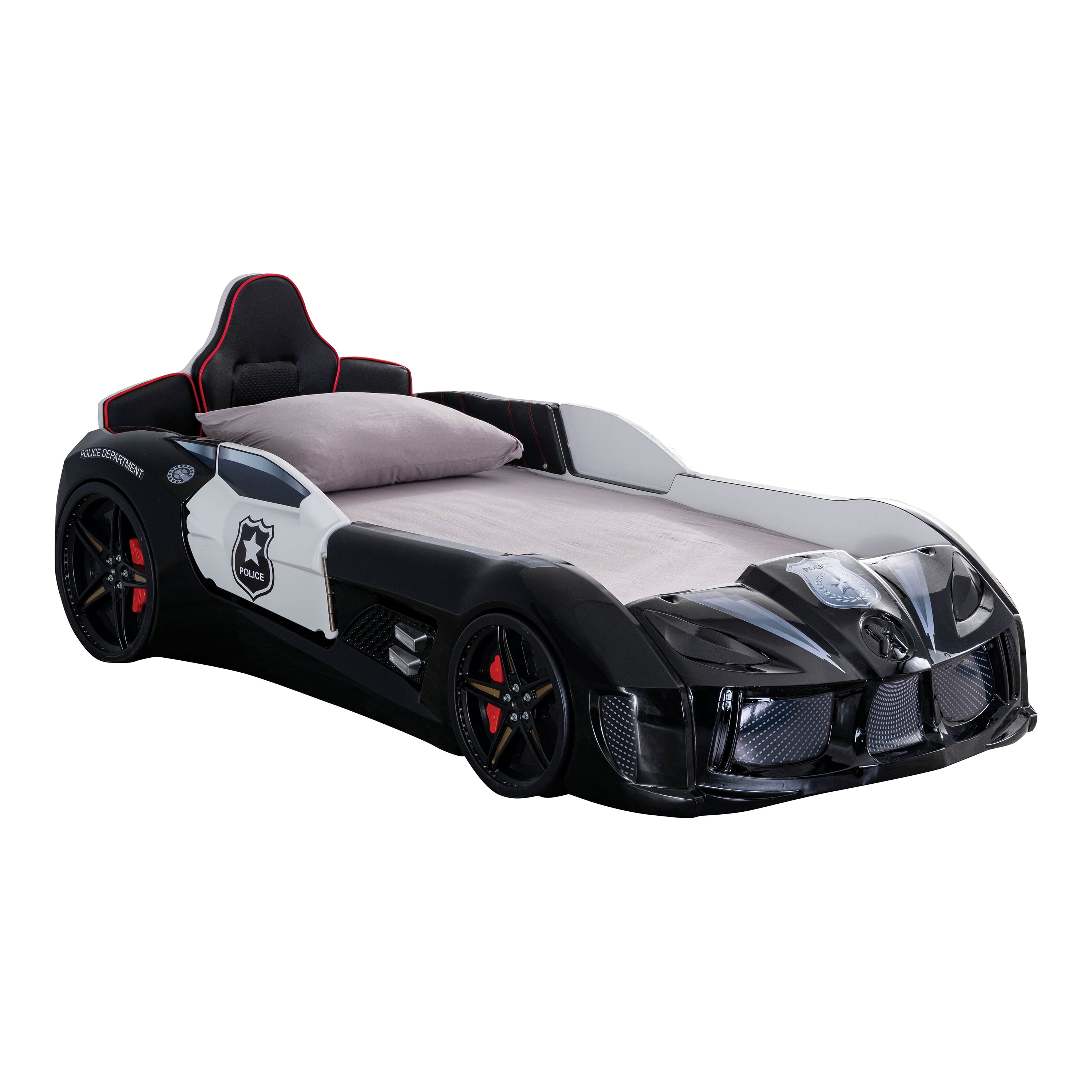 Furniture of America Dash Kids Plastic Twin Race Car Bed with LED and Sound, Black and White