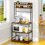 Walsunny Kitchen Bakers Rack with Power Outlet Shelves for Microwave with 10 Hooks Coffee Bar Cabinet Station and Kitchen Cart Vintage Brown