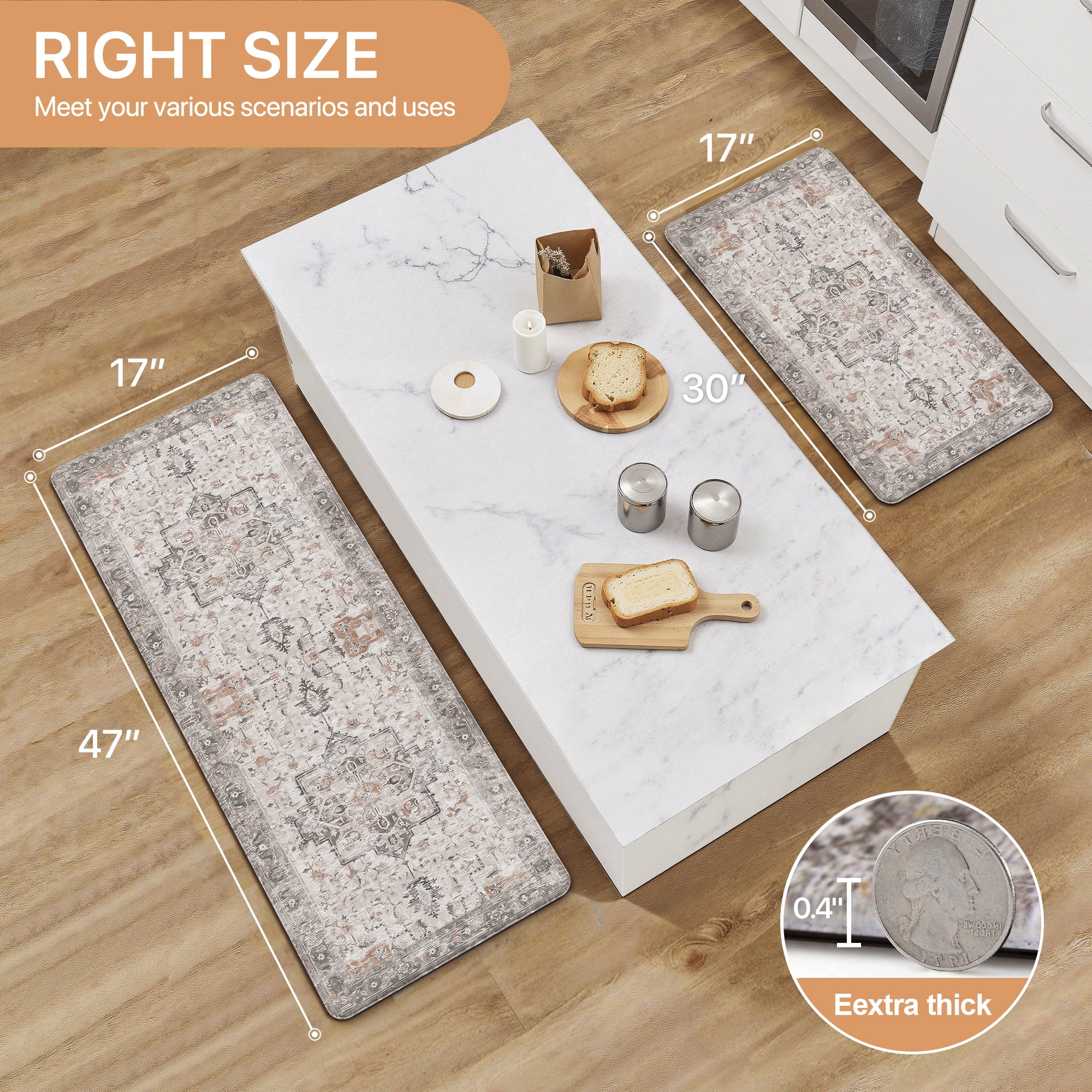 KUETH Kitchen Rug for Floor, Kitchen Mat Anti Fatigue, Non Slip Washable Kitchen Rug, Set of 2 Kitchen Mat 17"x47"+17"x30", Brown
