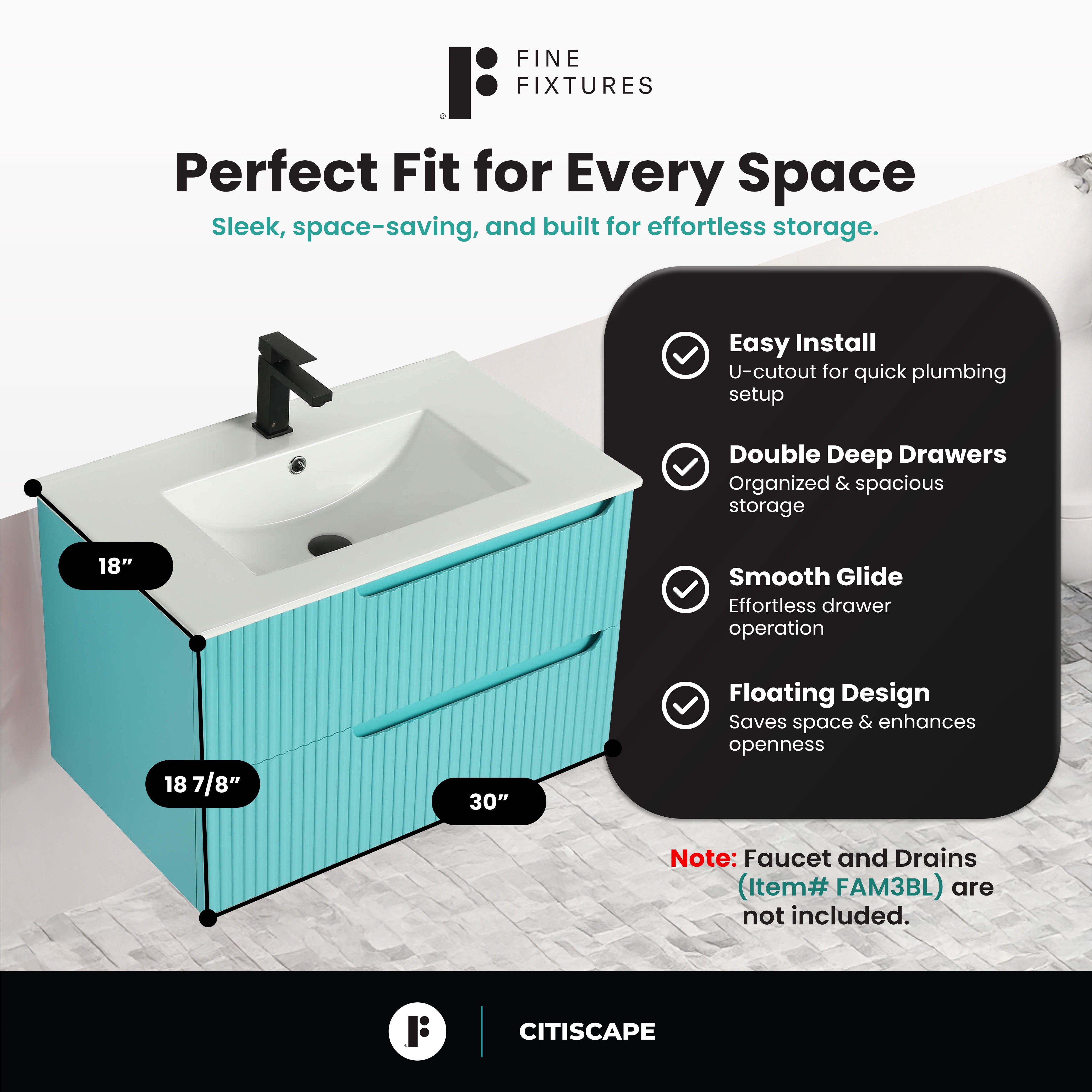 Citiscape Modern Bathroom Vanity with Textured Drawer Fronts 30" Wide - Tiffany Blue - Sink Included