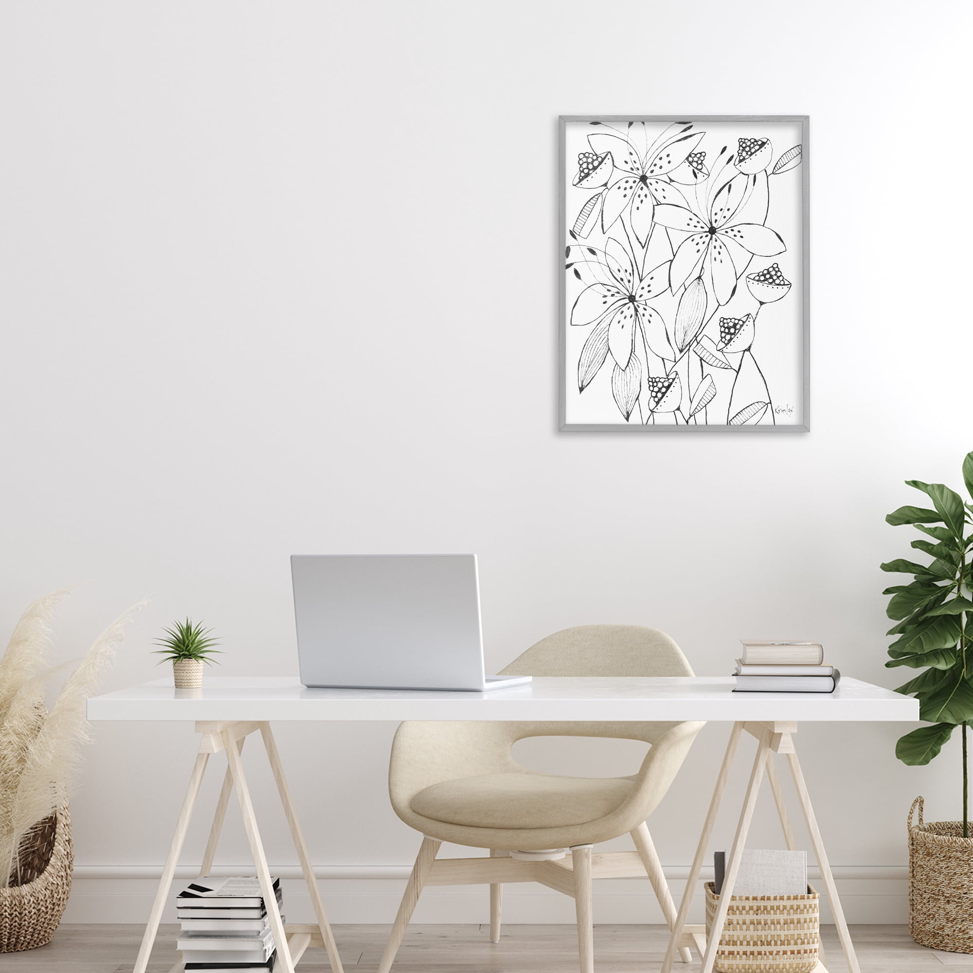 Stupell Industries Open Blooms Outline Gray Framed Giclee Art, design by Krinlox
