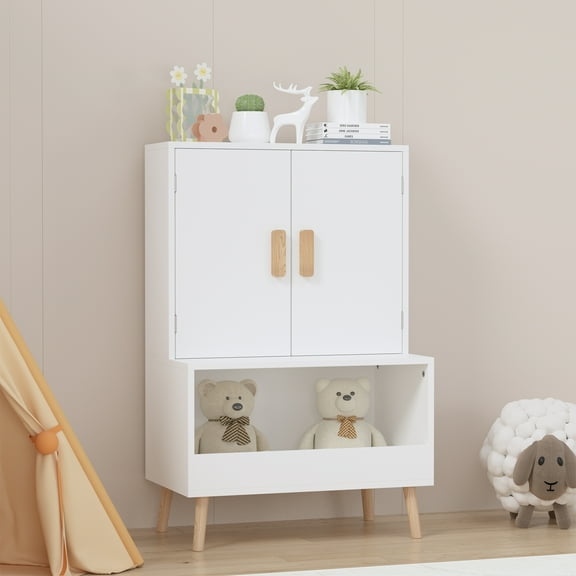 Toy Storage Cabinet with Doors and Open Shelf,Modern Wooden Storage Cabinet Bookcase Toy Storage for Playroom,Bedroom,White