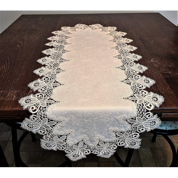 Doily Boutique Table Runner or Dresser Scarf in Antique White Vintage Lace and Fabric Size 48 x 15 inches