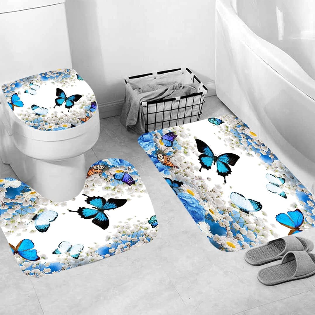 4PCS Mushroom Bathroom Shower Curtain Set with Rugs, Toilet Lid Cover and Bath Mat, Moon and Stars with 12 Hooks, Durable Bathroom Decor Set 701.9x70.9in