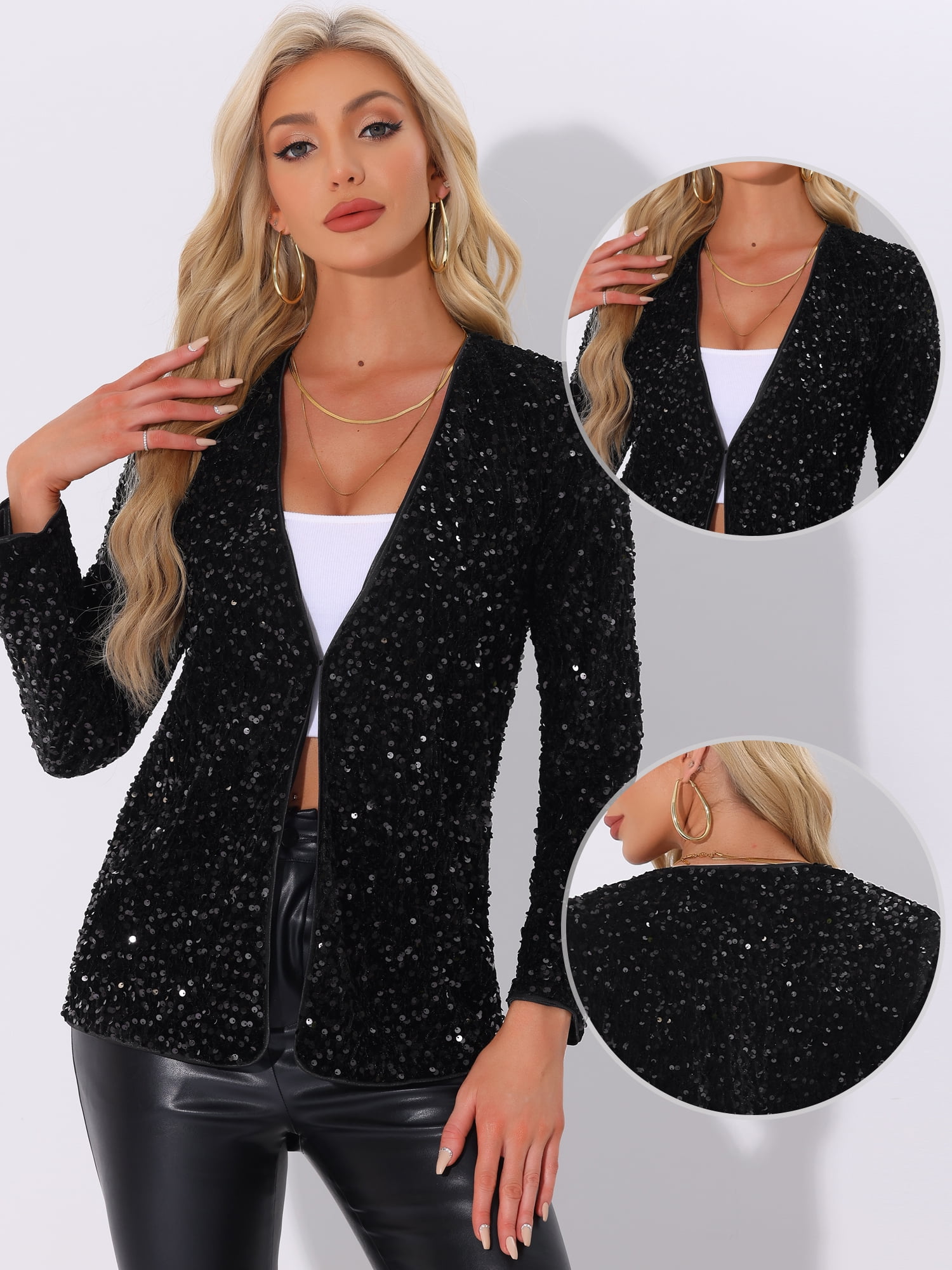 DARING DIVA Sequin Blazer Jacket Sparkly Open Front Cardigan XS Black