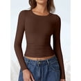 thumbnail image 6 of Women'S Crewneck Long Sleeve Shirt Double Lined Basic Tees Side Ruched Going Out Crop Tops Brown M, 6 of 10