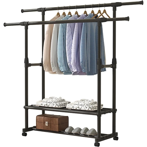 SUSUZI Double Rails Portable Clothing Garment Rack, Adjustable Double Rails Clothes Rack with 4 Wheels Rolling Clothes Organizer, Black