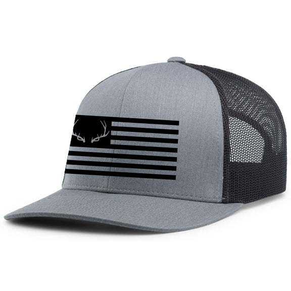 Heritage Pride Mens Hunting Hat Antler American Flag Mesh Back Trucker Hat, Heather Grey/Black