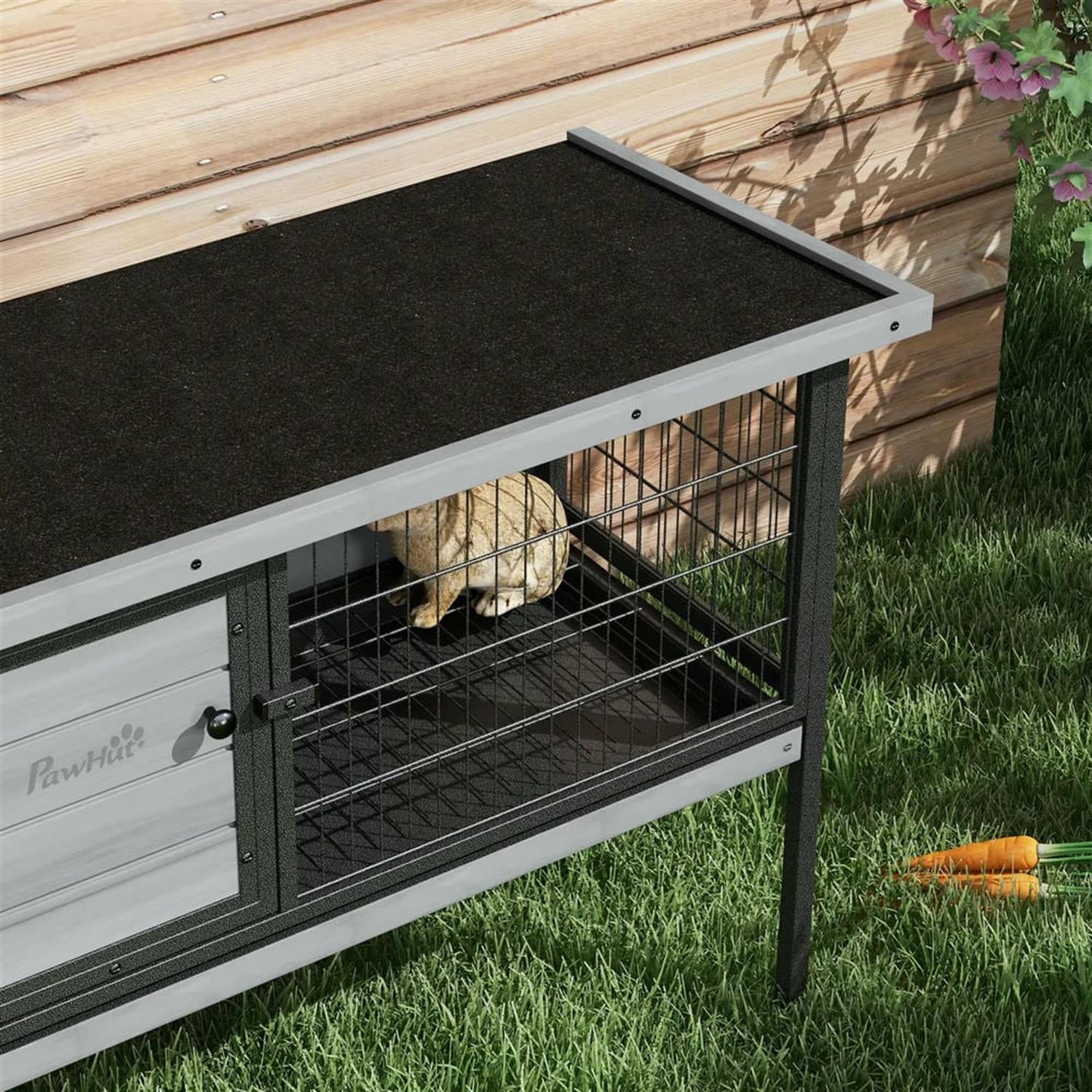 Kadyn 36" Outdoor Rabbit Hutch with Slide-out Tray and Openable Roof, Wooden Small Animal Habitat Enclosure Bunny Cage for Bunnies, Guinea Pigs, Gray