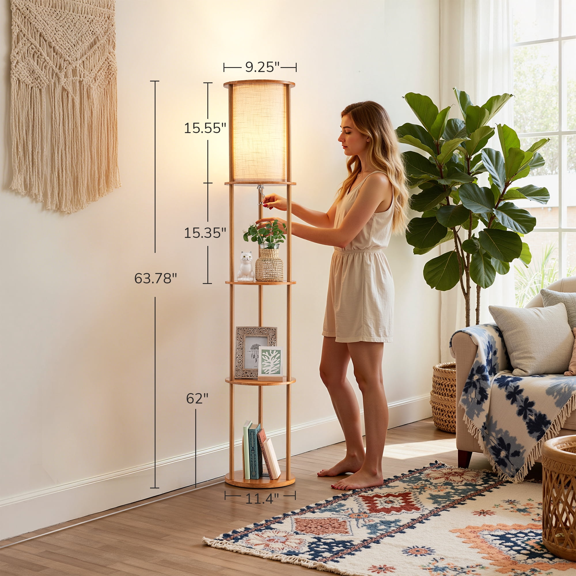 EDISHINE 63.8" Column Floor Lamp with Solid Wood Shelves, Modern Standing Lamp for Living Room Bedroom Corner, LED Bulb Included