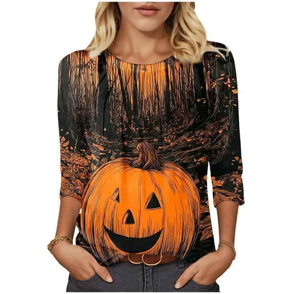 YDFCWXW Halloween T Shirts for Women Casual 3/4 Sleeve Tops 2025 Halloween Shirts for Teens Black, XXL