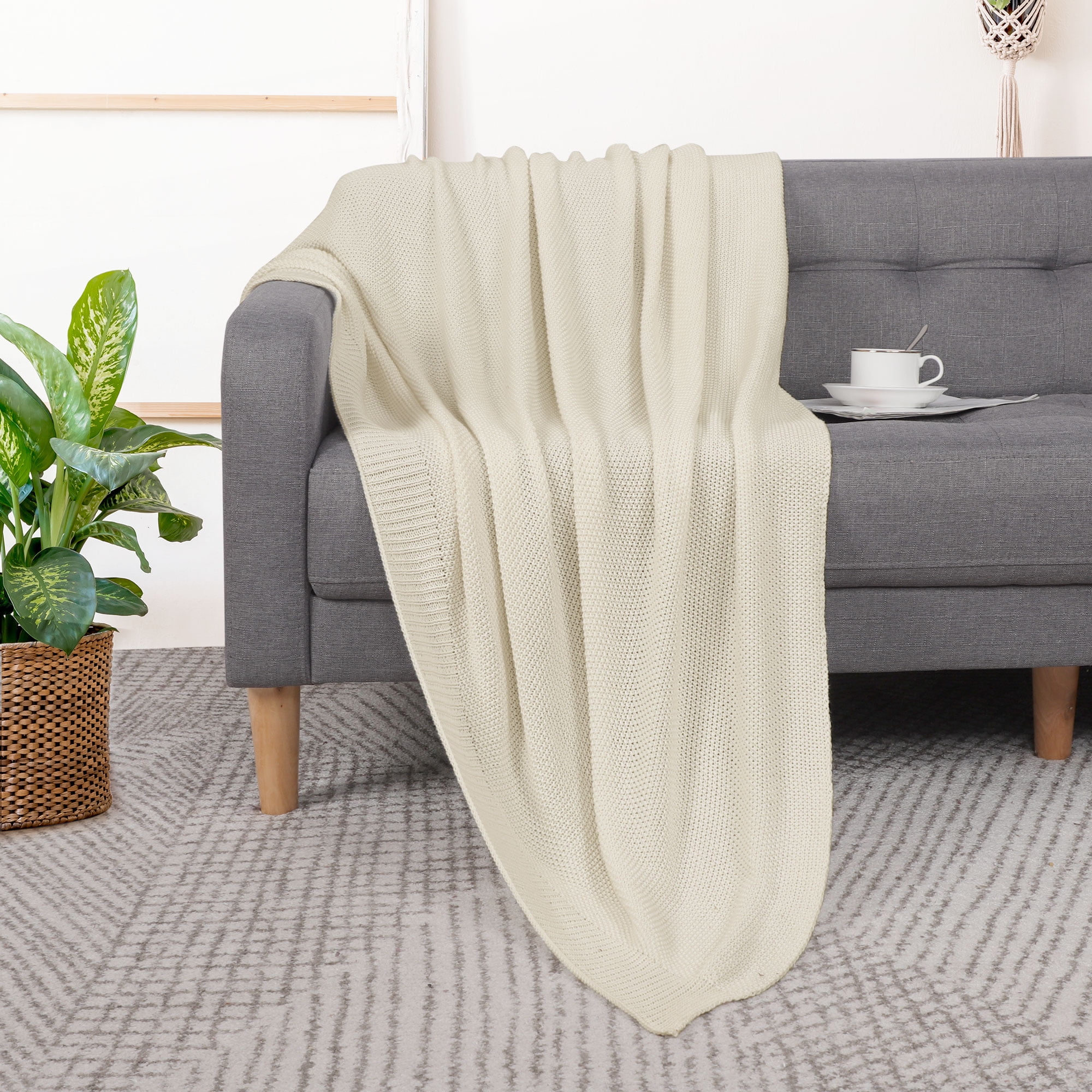 Unique Bargains Pure Cotton Soft Cable Knit Throw Blanket Beige 51" x 59"