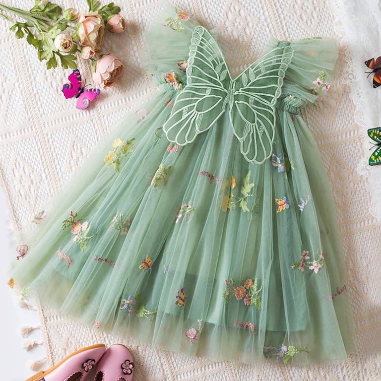 Girls Dress Toddler Girls Sleeveless Butterfly Embroidered Flowers With  Wing Tie Tulle Holiday Party Dress Dance Party Dresses Clothes Green 6  Months-12 Months