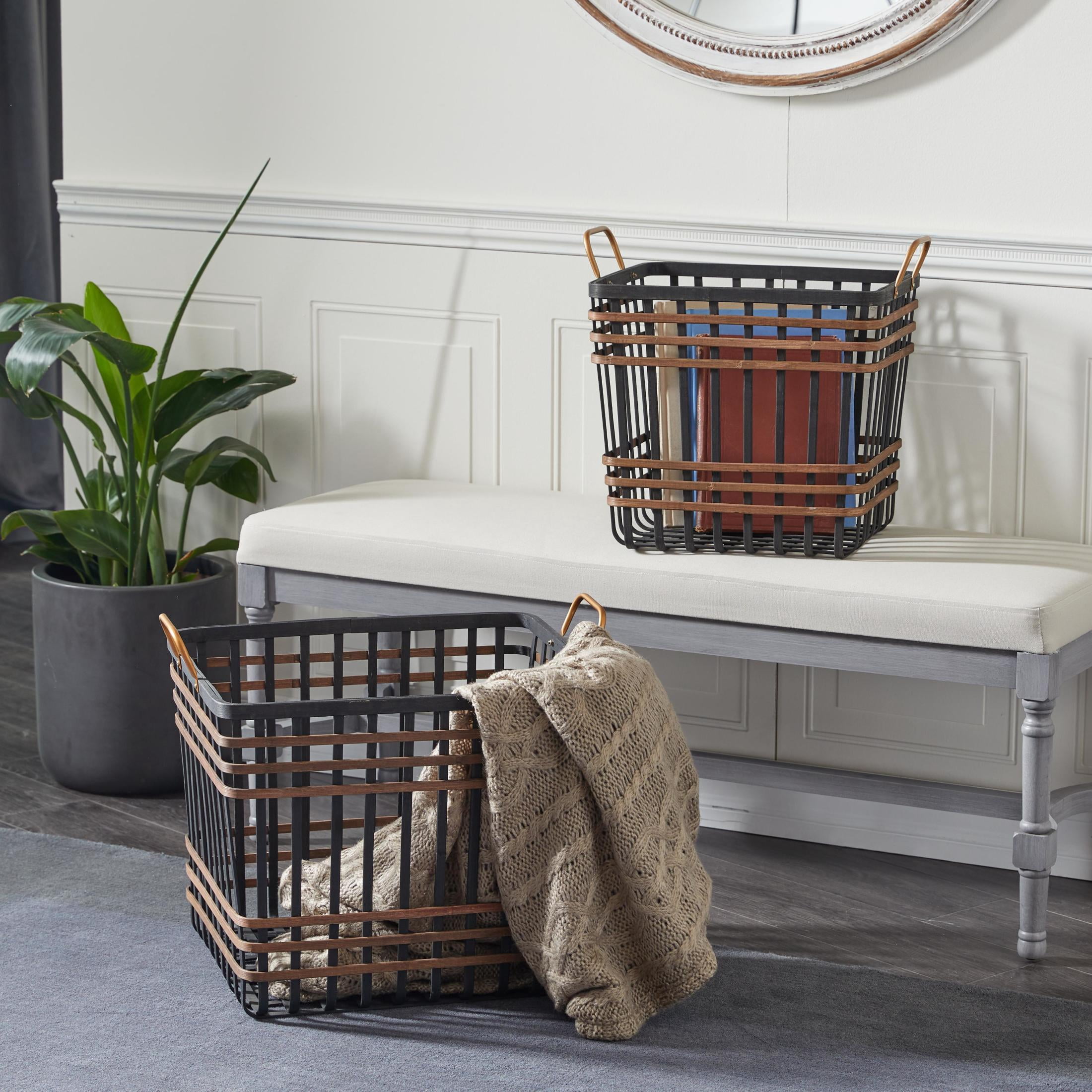 DecMode 14", 24"W Black Bamboo Wood Open Frame Square Storage Basket with Brown Accents, 2-Pieces
