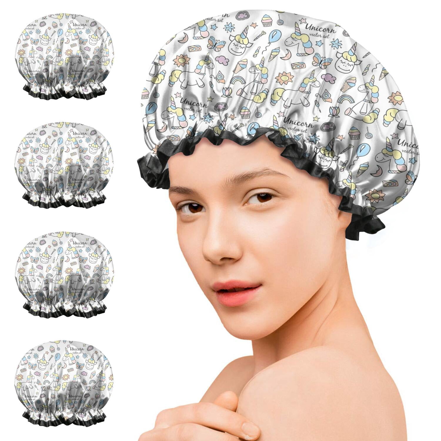 Shower Caps,White Unicorn Dessert Pattern Waterproof Shower Cap for Women 4 Pieces,Double Reusable Hair Cover for Shower PEVA Elastic Stretch Hem