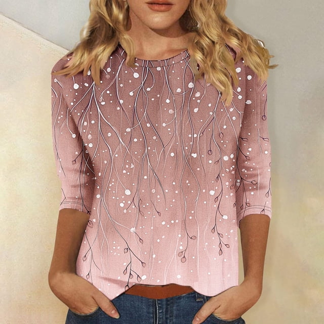 Karight Womens Tops 3/4 Sleeve Summer Floral Print Cute Tops Crewneck Slim Fit Tshirts Shirts Spring Blouse