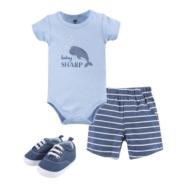 Hudson Baby Hudson Baby Boy Cotton Bodysuit, Shorts and Shoe Outfit