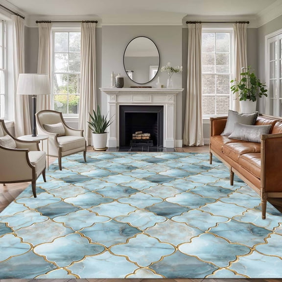 8'x10' Area Rugs, Teal Morocco Indoor Outdoor Area Rug for Living Room Bedroom, Modern Abstract Art Contemporary Geometric Washable Bathroom Rugs Kitchen Floor Carpet Mats Home Decor Aesthetic