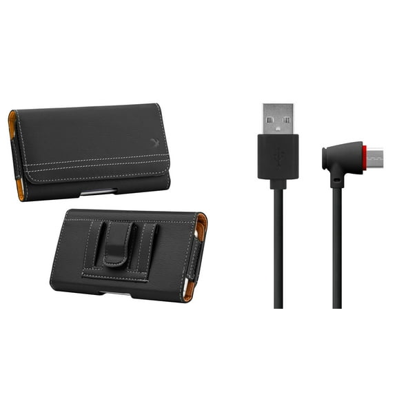 Luxmo PU Leather Belt Holster Card Slot Carry Case (Black) for Samsung Galaxy A10e with Right Angle Flexible USB Type-C Charger Cable (4 Feet) and Atom Cloth